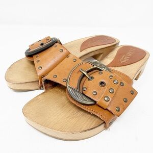 Lumiani Italy Wood Heel Leather Clog Sandals 36 Buckle Studded Western Boho